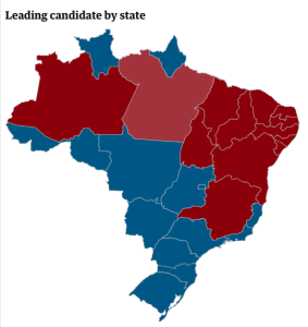 Red = Lula, Blue = Bolsonaro. Source: Screenshot from The Guardian